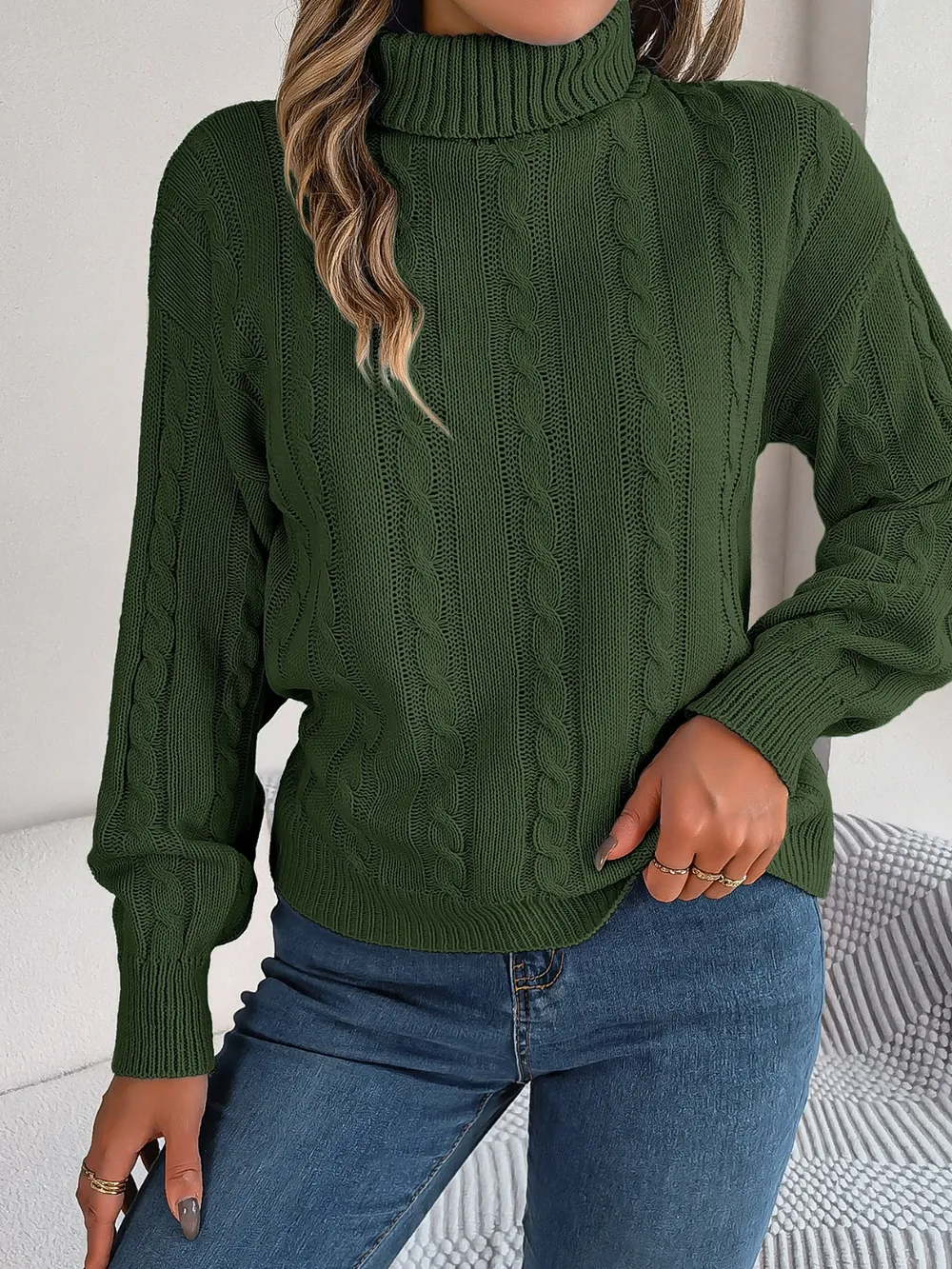 Cable-Knit Turtleneck Dropped Shoulder Sweater, image 10