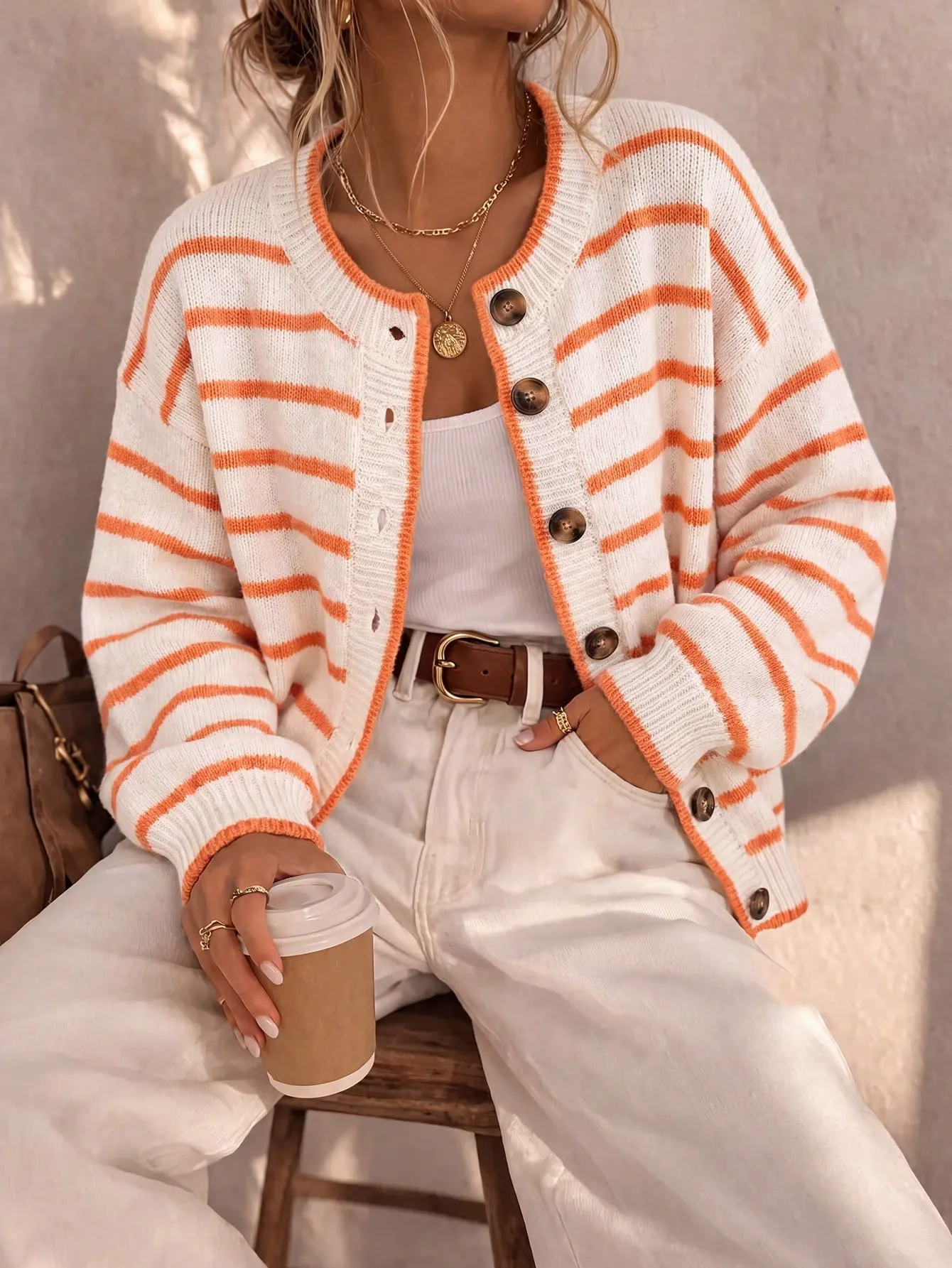 Striped Button-Down Knit Cardigan, image 5