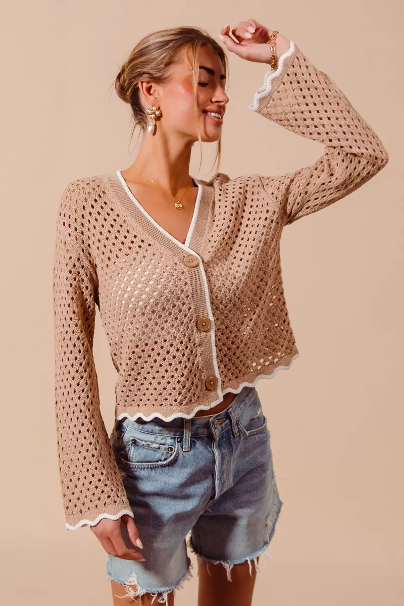 Open Knit Light Weight Sweater Cardigan With Contrast Wavy Scallop Edge, image 5