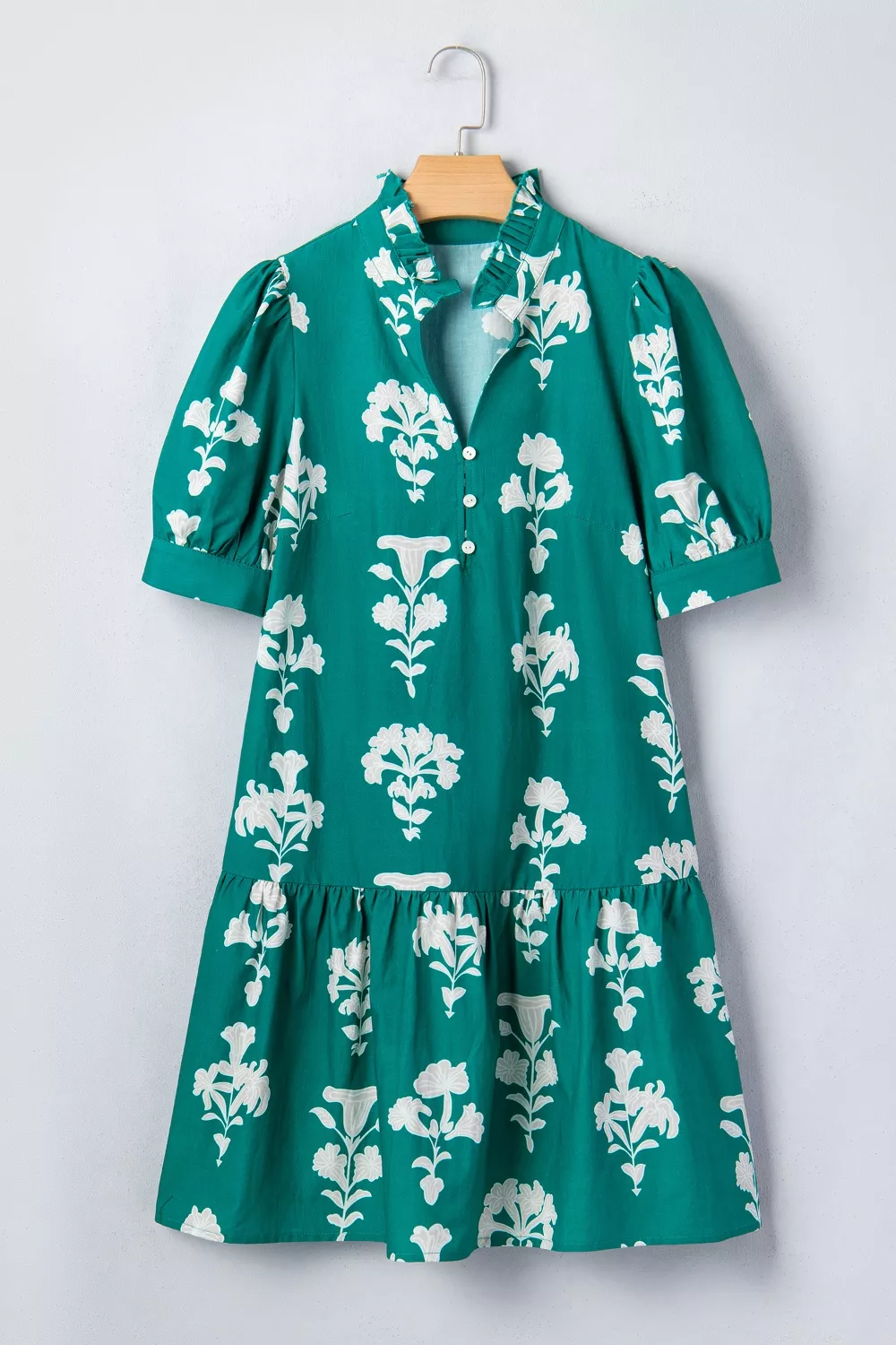 Frilled V Neck Puff Short Sleeve Floral Mini Dress, image 3