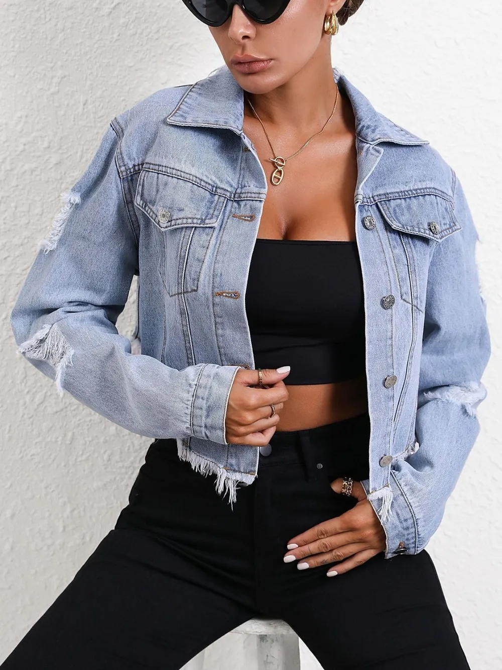Distressed Raw Hem Button Up Denim Jacket, image 3