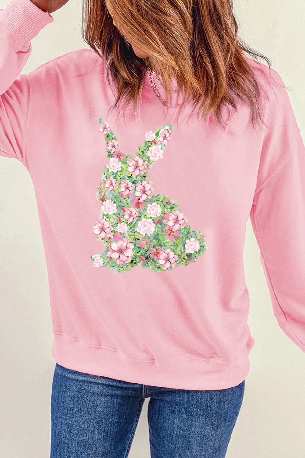 Floral Bunny Round Neck Long Sleeve Sweatshirt, image 4