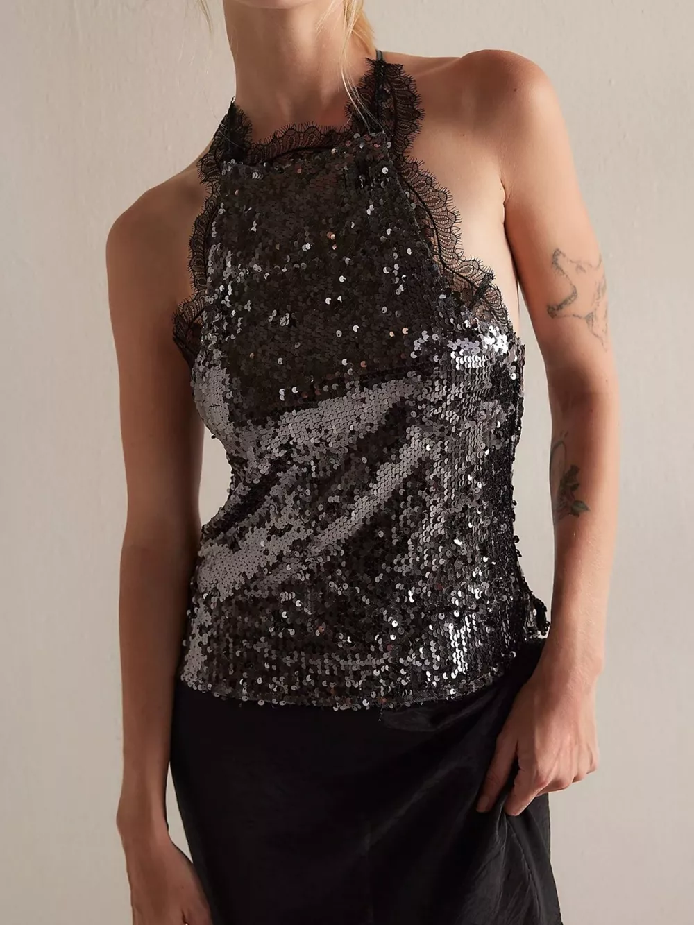 Sequin Lace Trim Halter Neck Cami, image 7