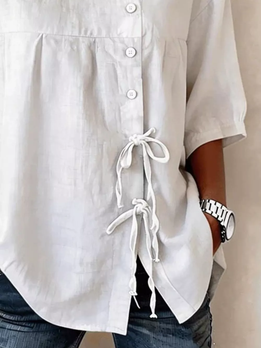 Full Size Decorative Button Tie-Front Blouse Plus Size, image 3