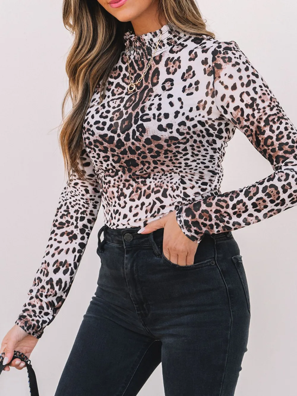 Leopard Print Long Sleeve Mock Neck Bodysuit, image 10