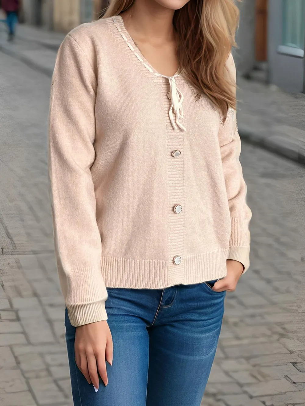 Tied V-Neck Long Sleeve Sweater, image 3