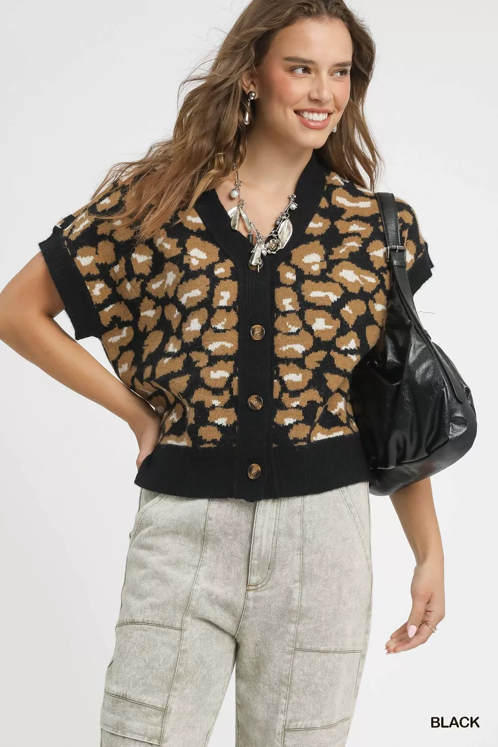 Leopard Button Down Short Sleeve Cardigan