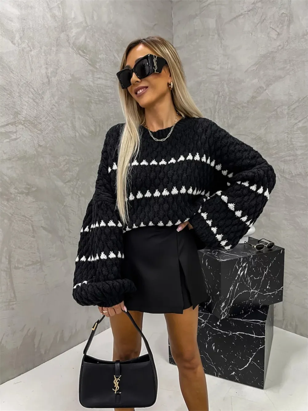 Contrast Round Neck Long Sleeve Sweater, image 7