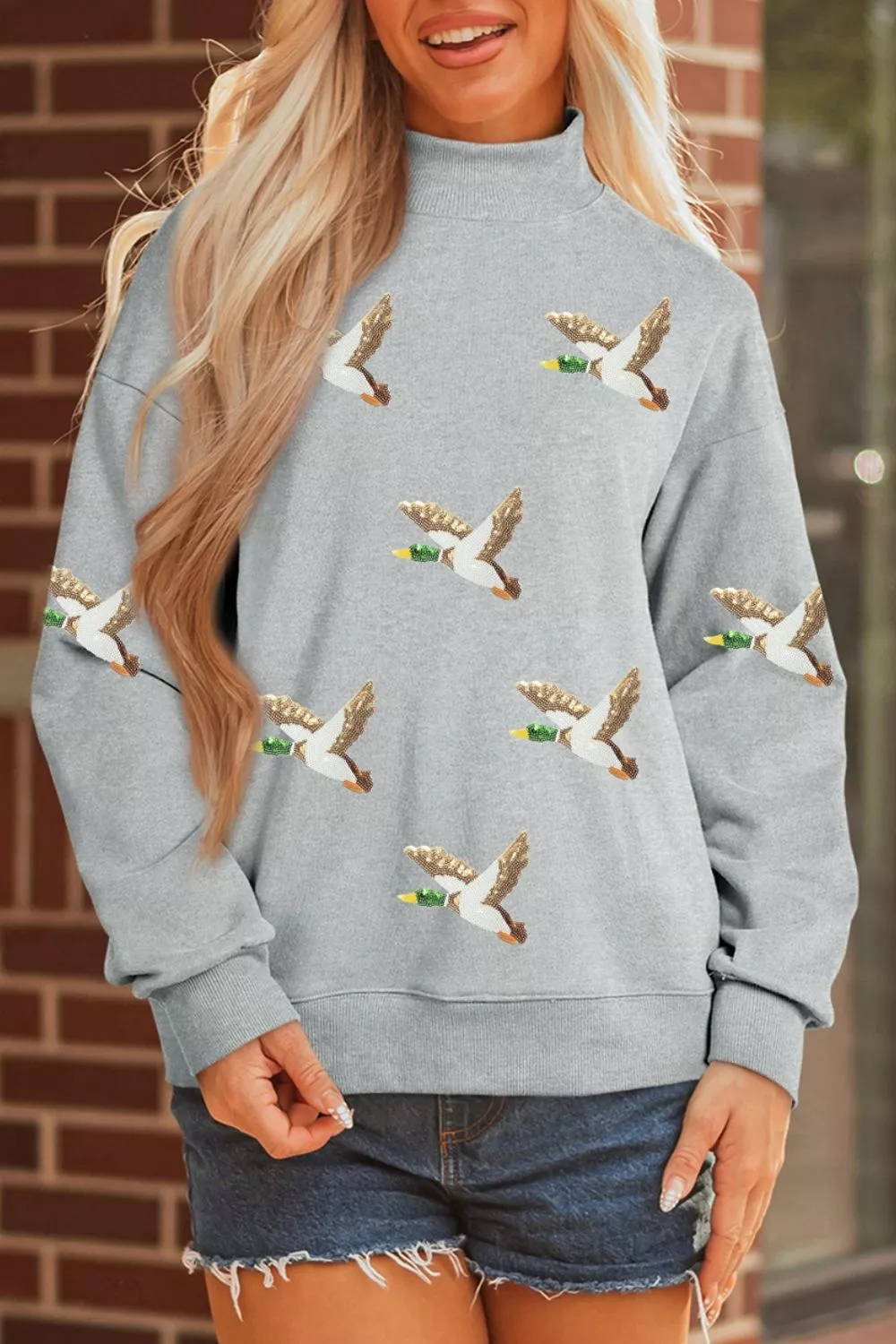 Sequin Mallard Graphic Mock Neck Baggy Pullover Sweatshirt, image 2