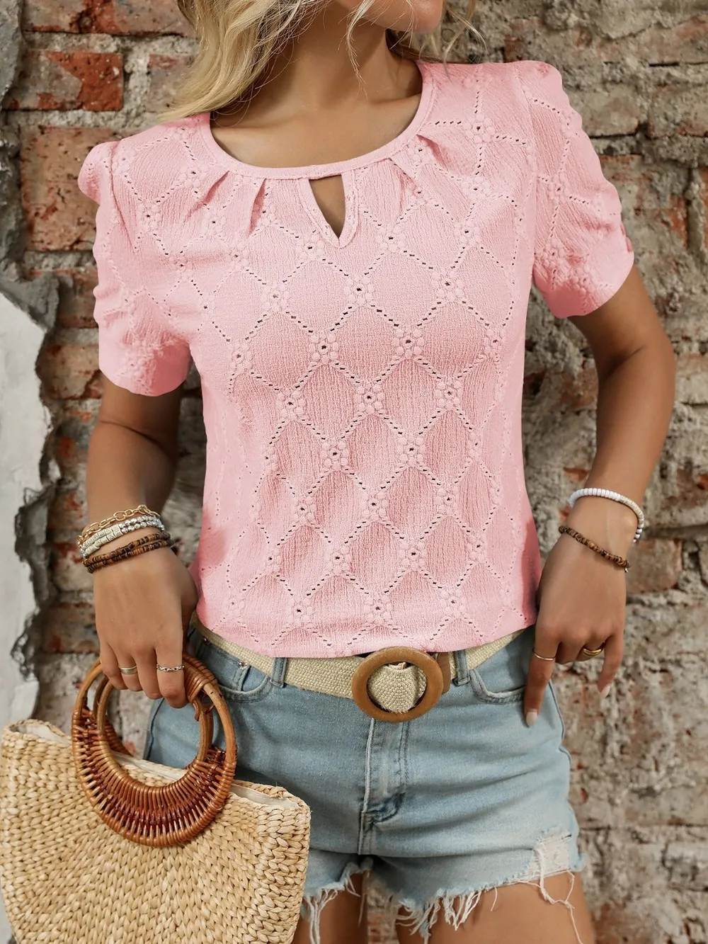 Eyelet Round Neck Short Sleeve Top, image 22