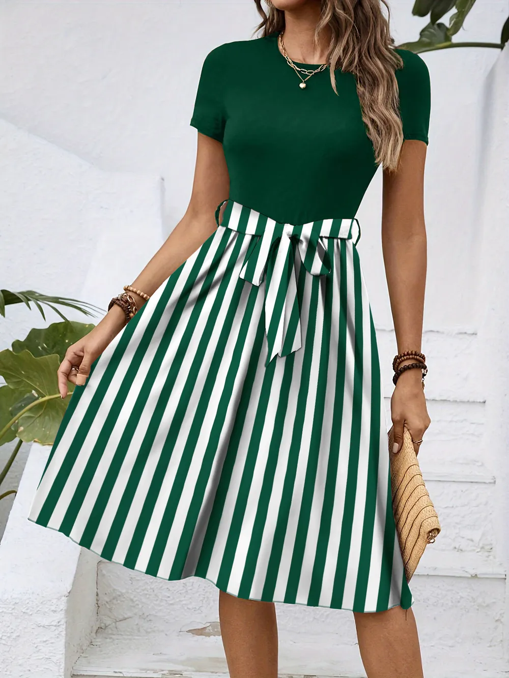 Striped Round Neck Short Sleeve Dress, image 19