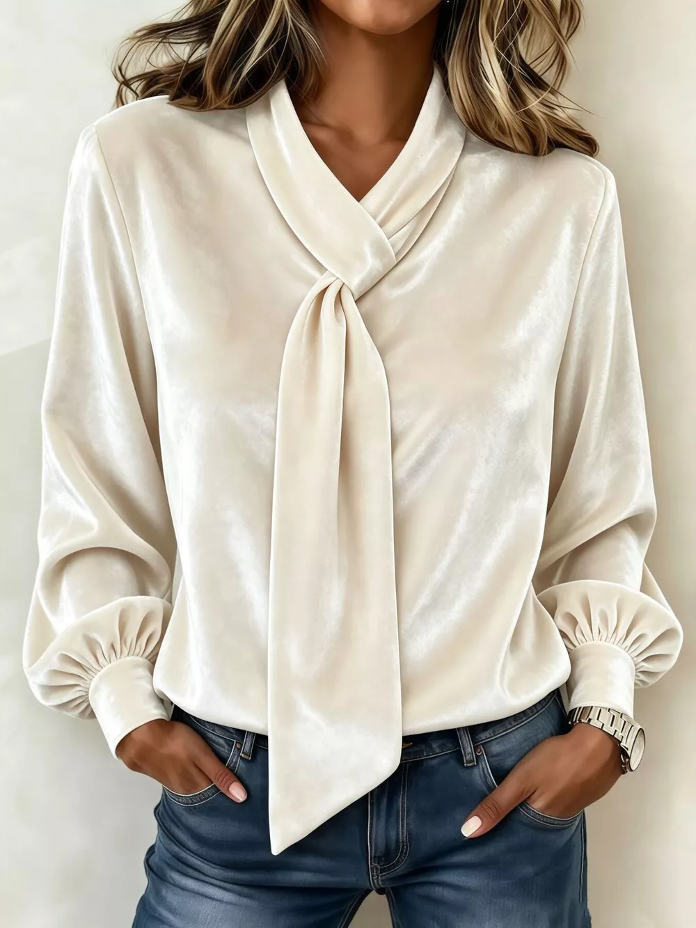 Full Size Velvet Tie-Neck Long Sleeve Top Plus Size