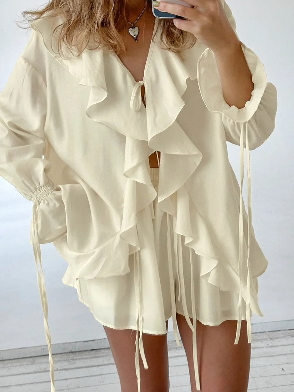 Ruffled V-Neck Top and Shorts Set, image 2