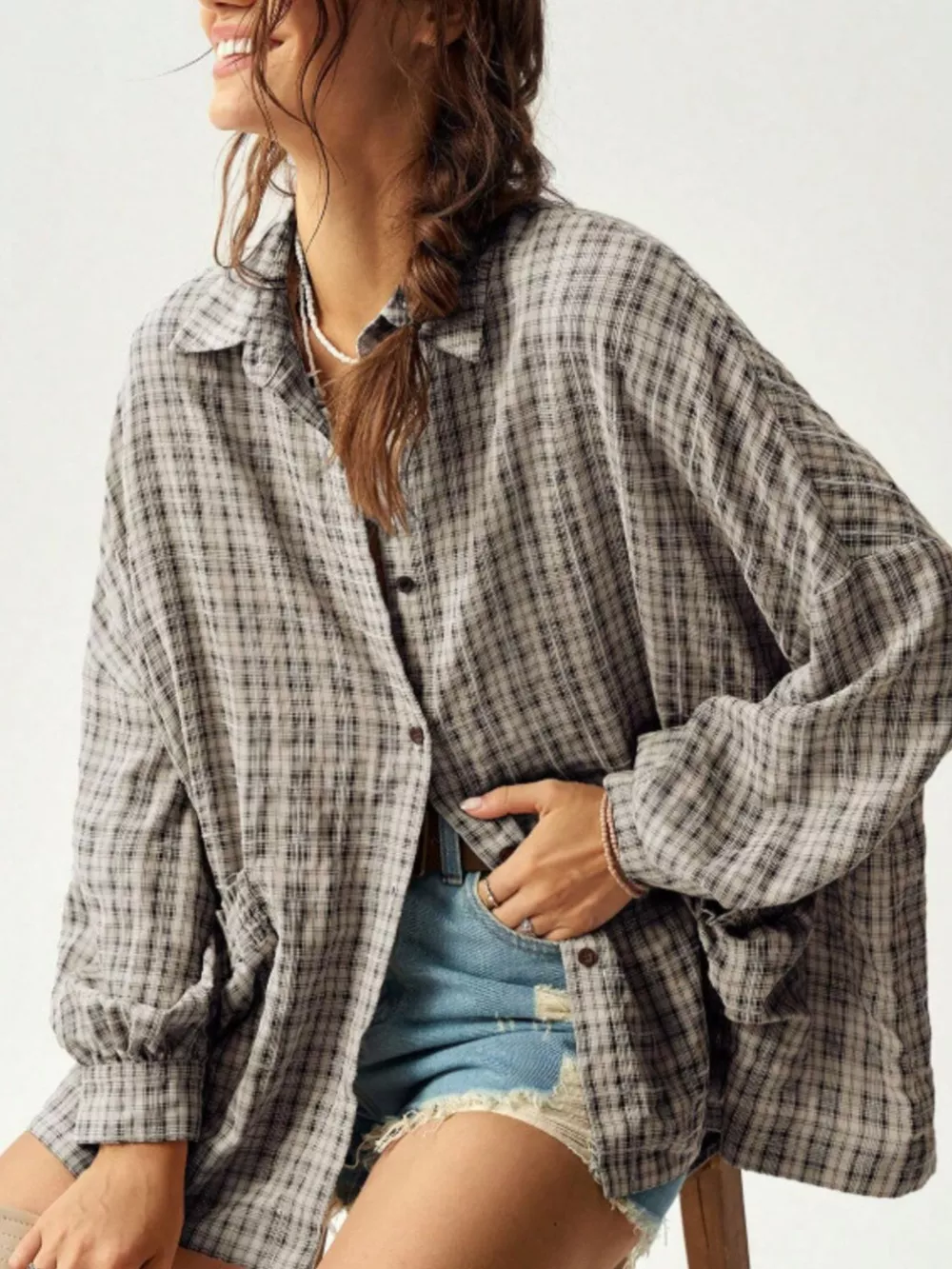 Oversized Plaid Button-Down Shirt, image 8