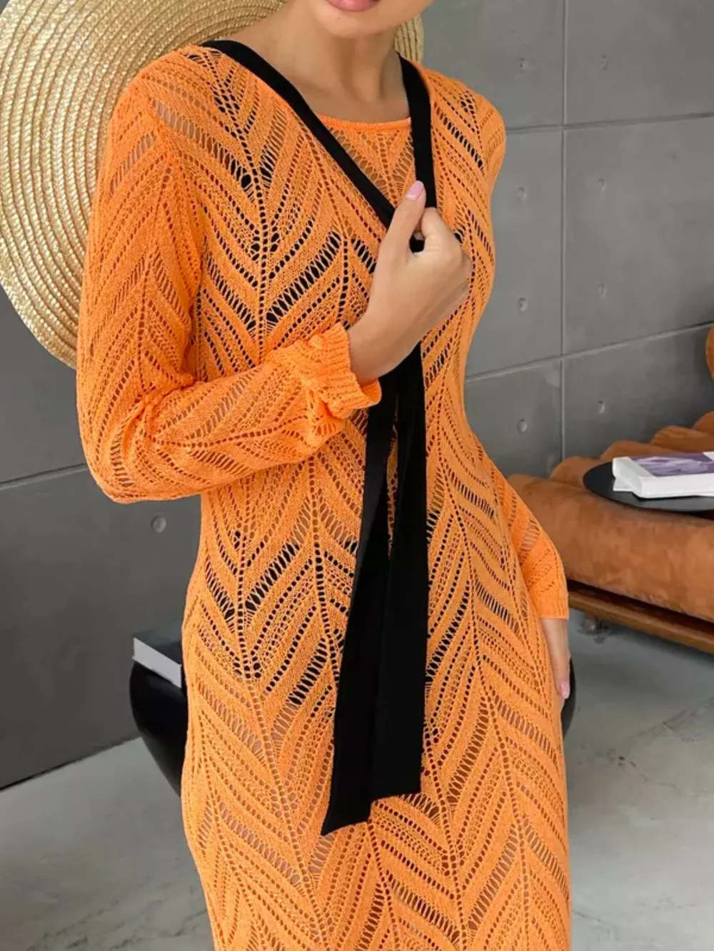 Openwork Long Sleeve Knit Cover Up Dress, image 13