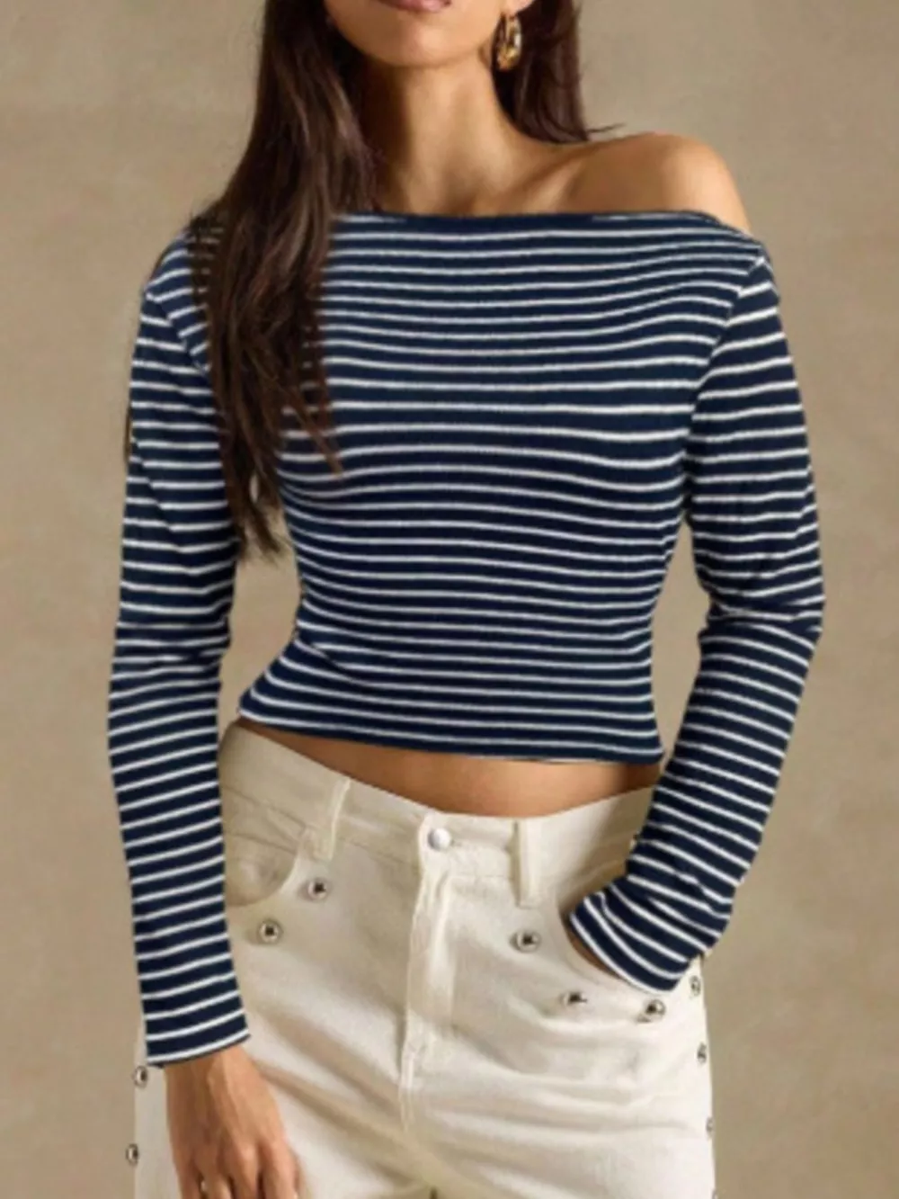 Off-Shoulder Striped Ribbed Long Sleeve T-Shirt, image 19