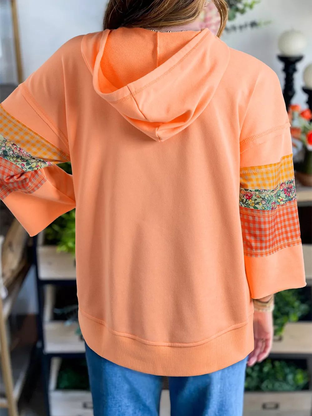 Plaid Floral Patchwork Kangaroo Pocket Hoodie, image 2