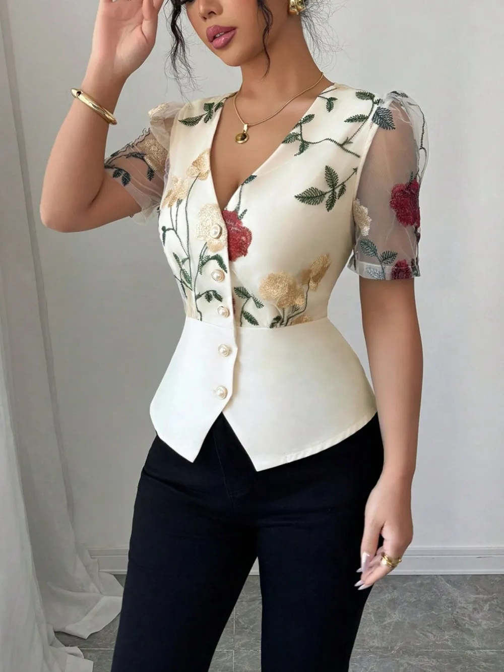 Floral Print V-Neck Button-Up Shirt, image 5