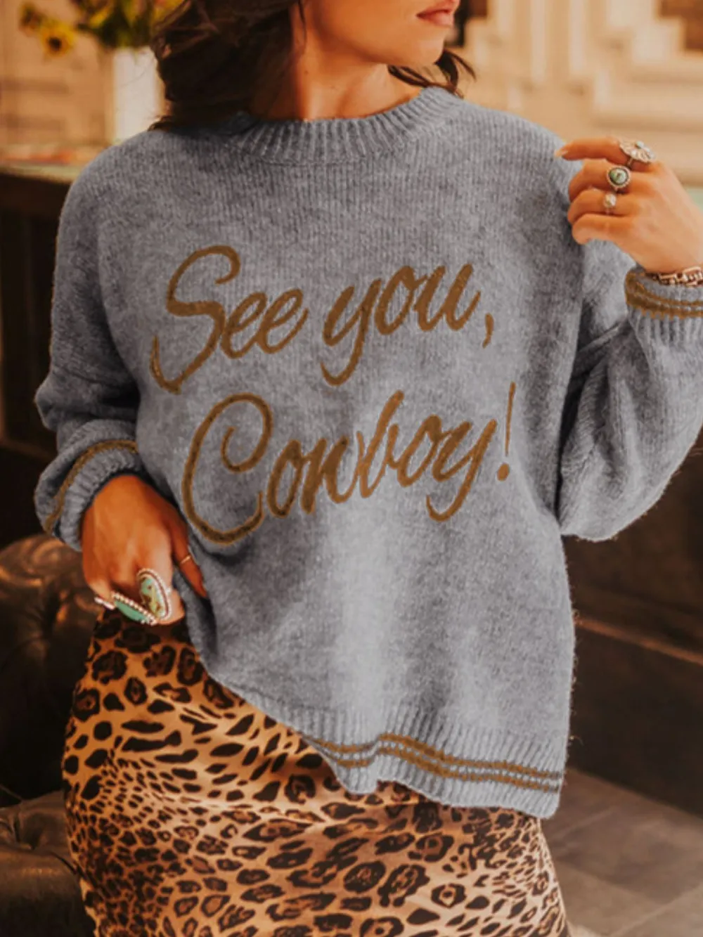 Letter Contrast Hem Round Neck Sweater, image 13