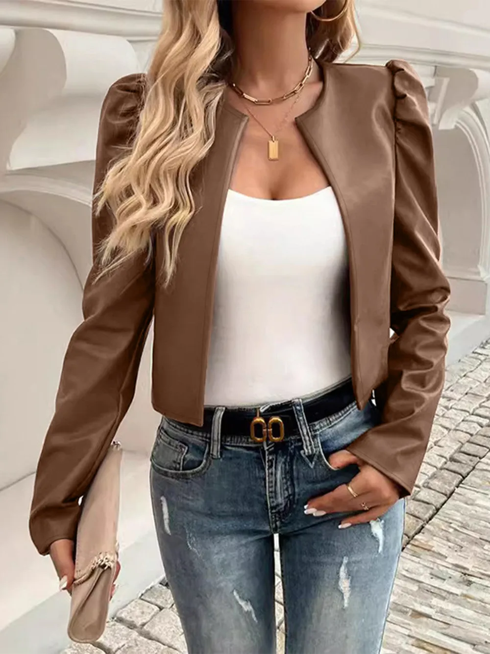 PU Leather Open Front Puff Sleeve Jacket, image 2
