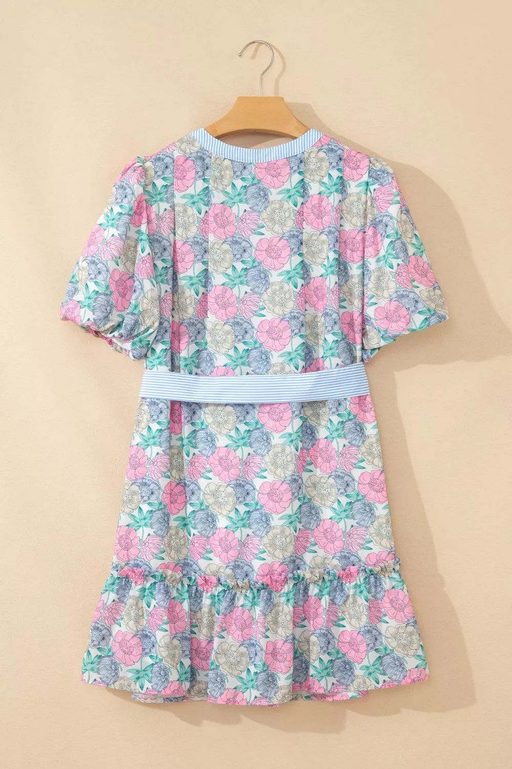 Floral Print Striped Contrast Trim Belted Short Dress, image 4