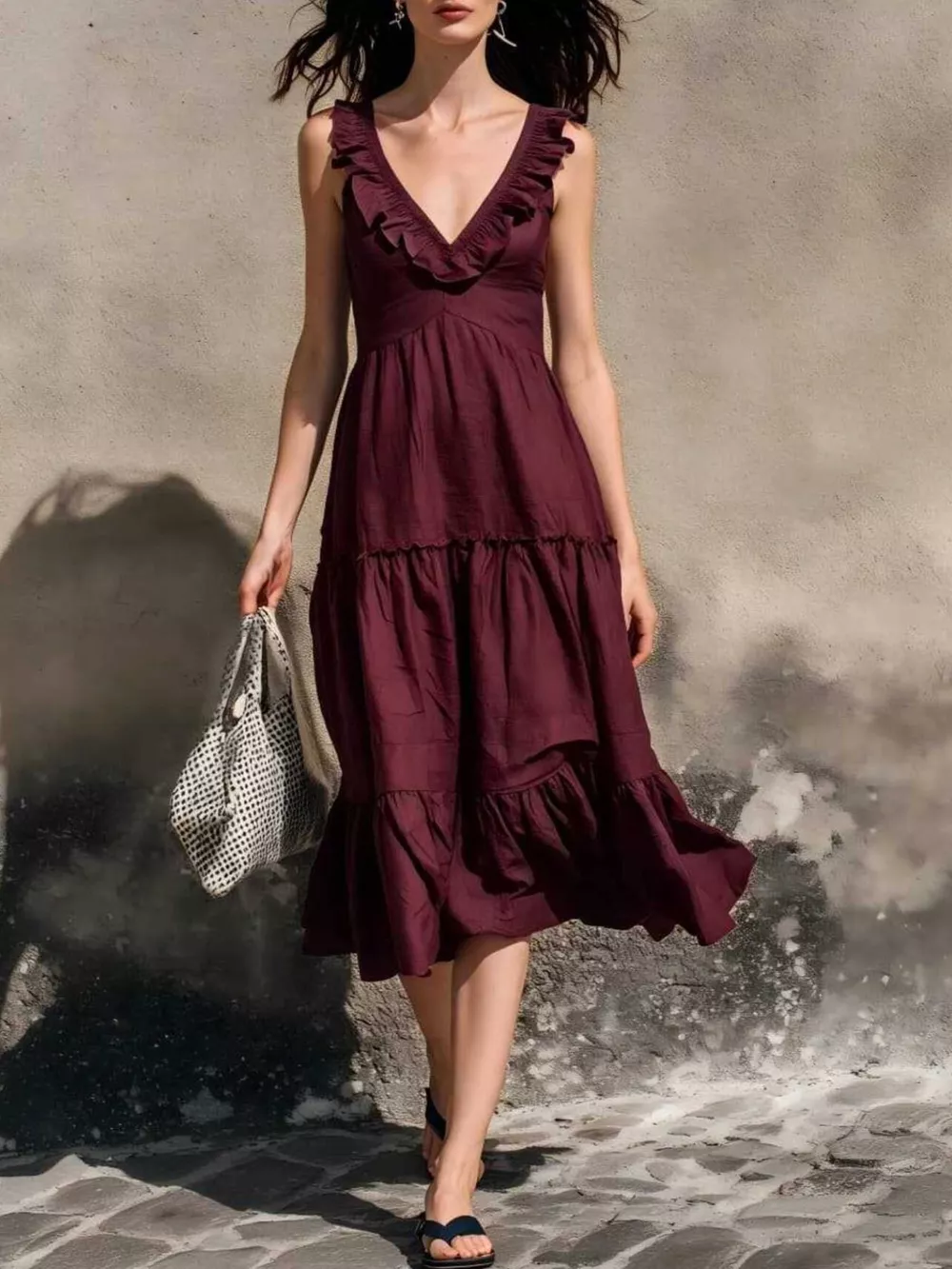 Full Size Ruffled V-Neck Tiered Midi Dress Plus Size, image 7