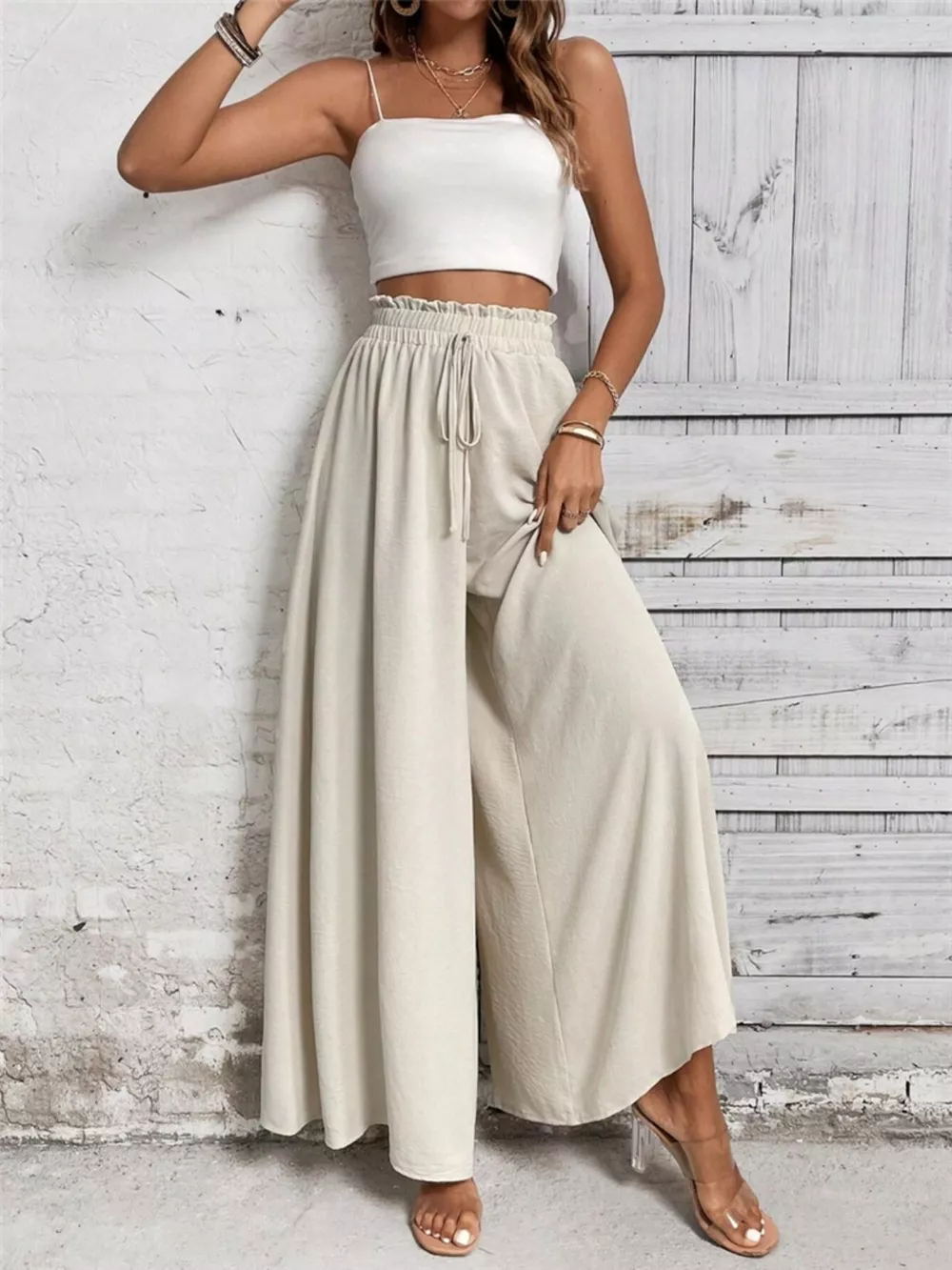 Wide Leg Drawstring Waist Casual Pants, image 4