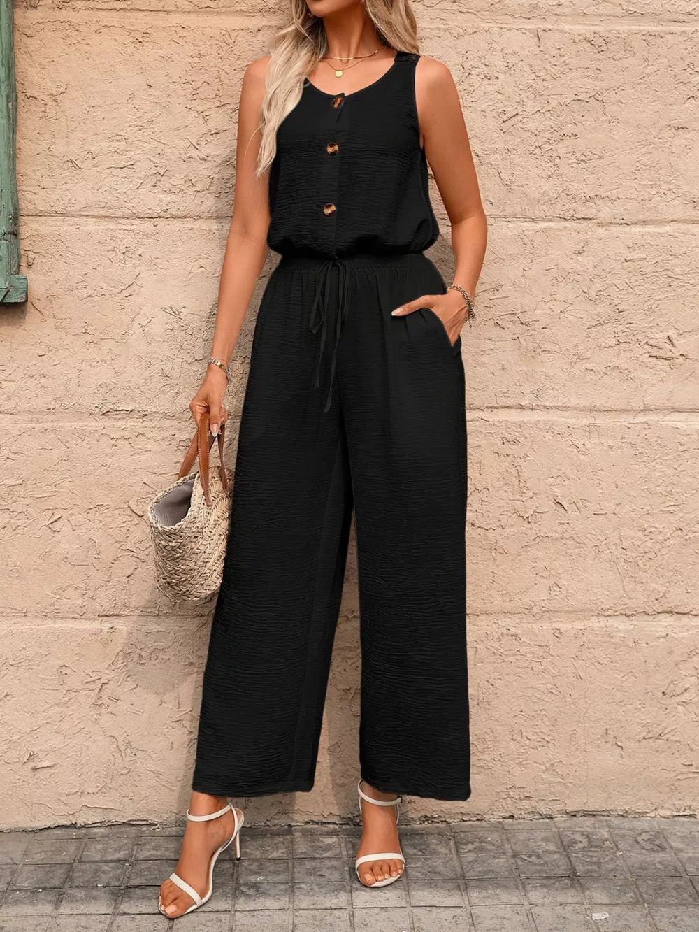 Sleeveless Button-Front Wide Leg Jumpsuit