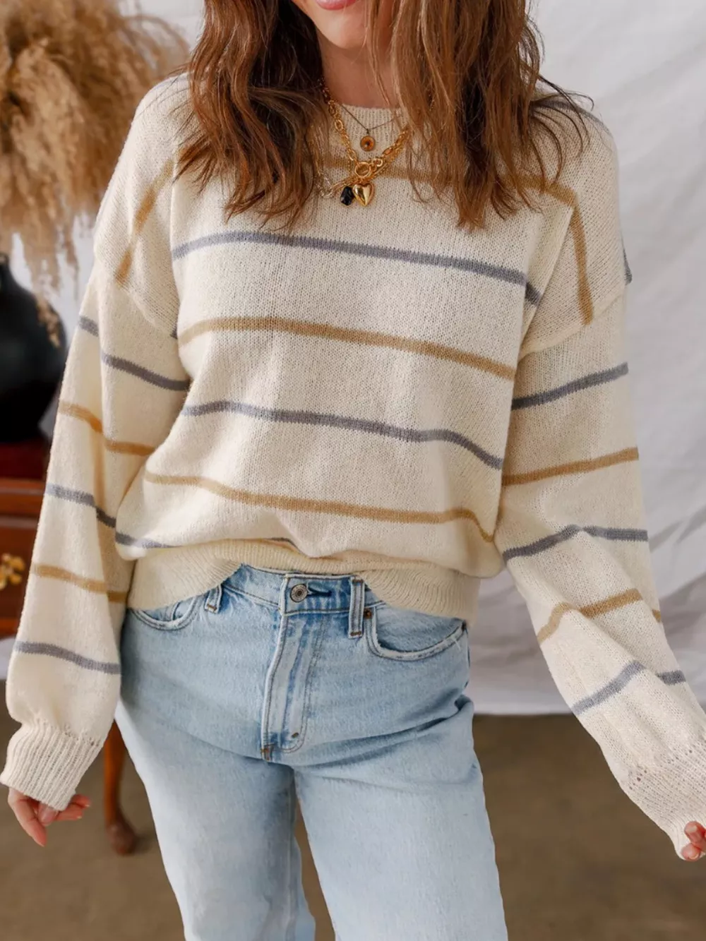 Striped Knit Round Neck Sweater, image 3