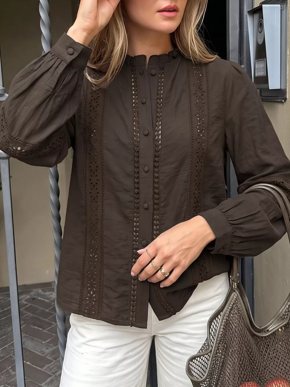 Eyelet Lace Trim Long Sleeve Blouse, image 3