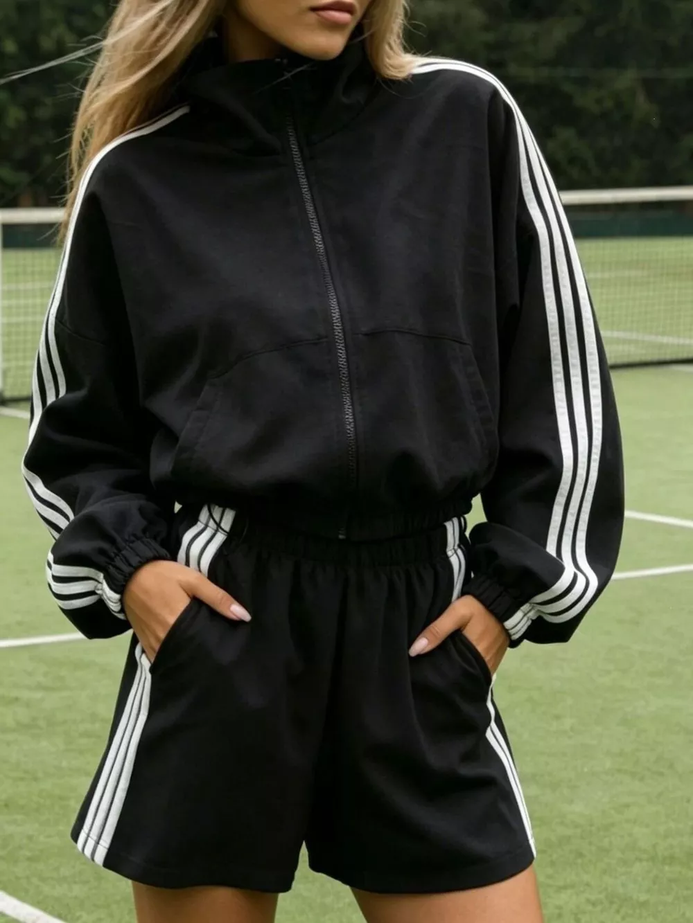 Side Stripe Detail Cropped Sporty Jacket and Shorts Set, image 7