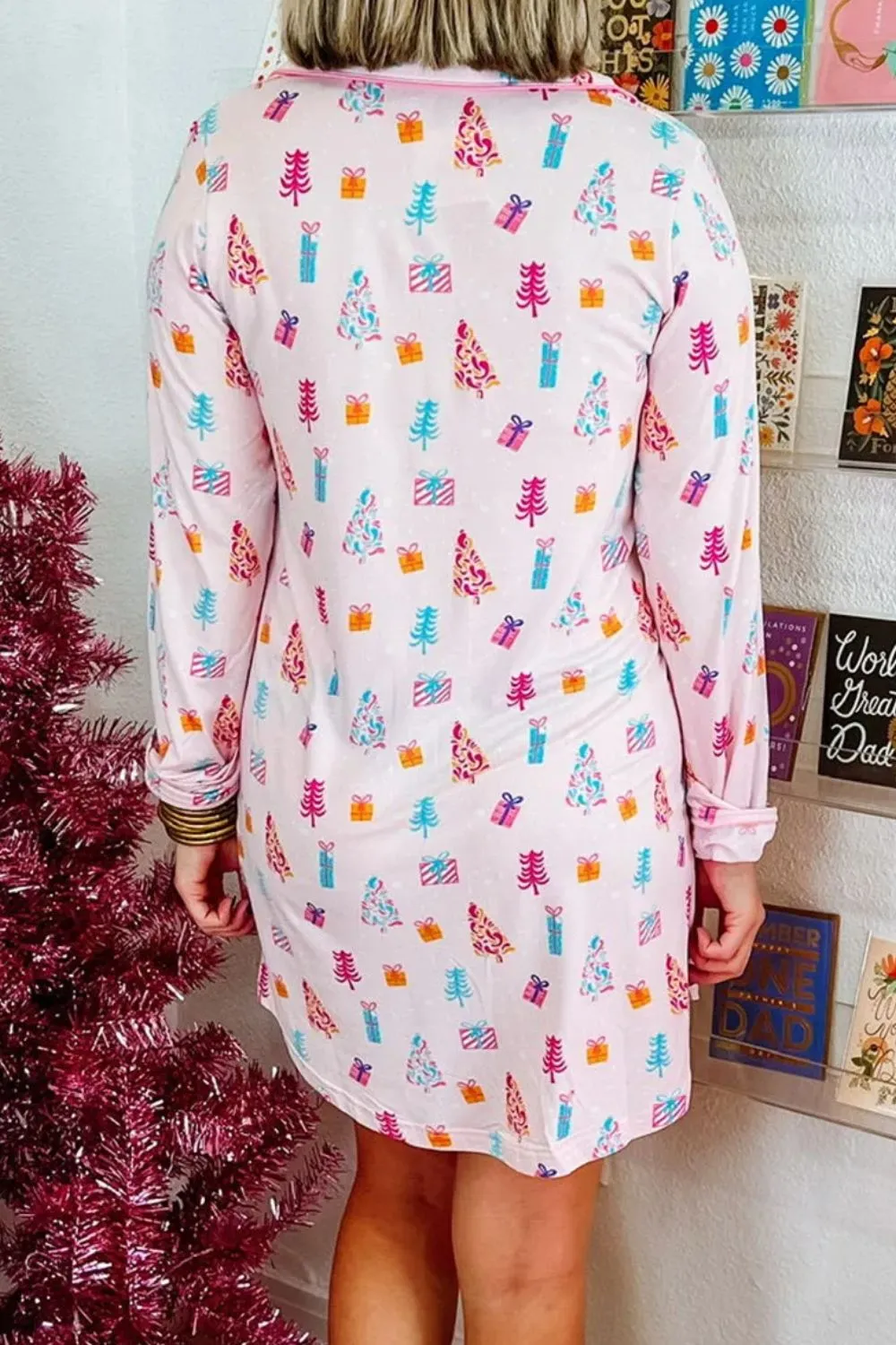 Printed Collared Neck Long Sleeve Lounge Dress, image 7