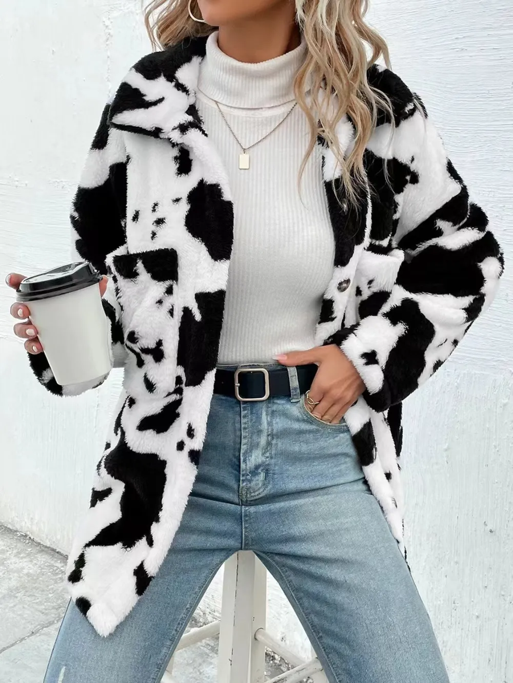 Cow Print Collared Neck Button Up Fuzzy Jacket, image 6