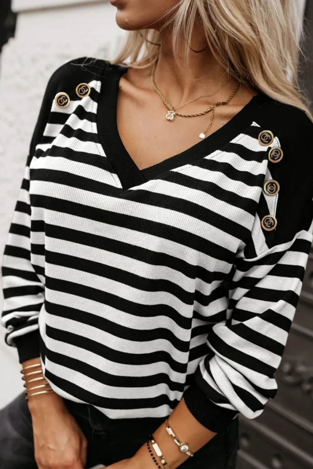 Striped Lace Detail V Neck Top, image 9