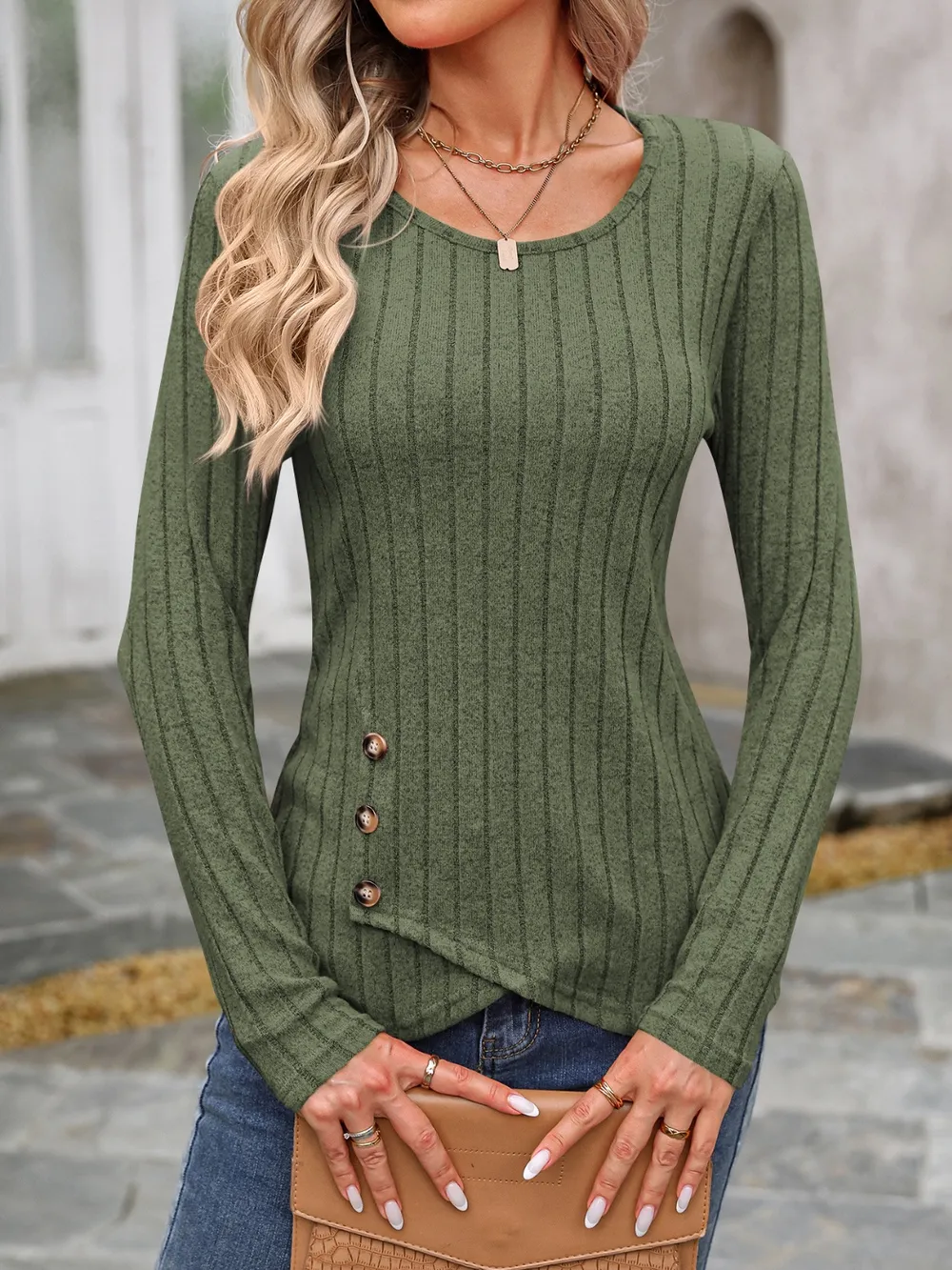 Decorative Button Round Neck Long Sleeve T-Shirt, image 24