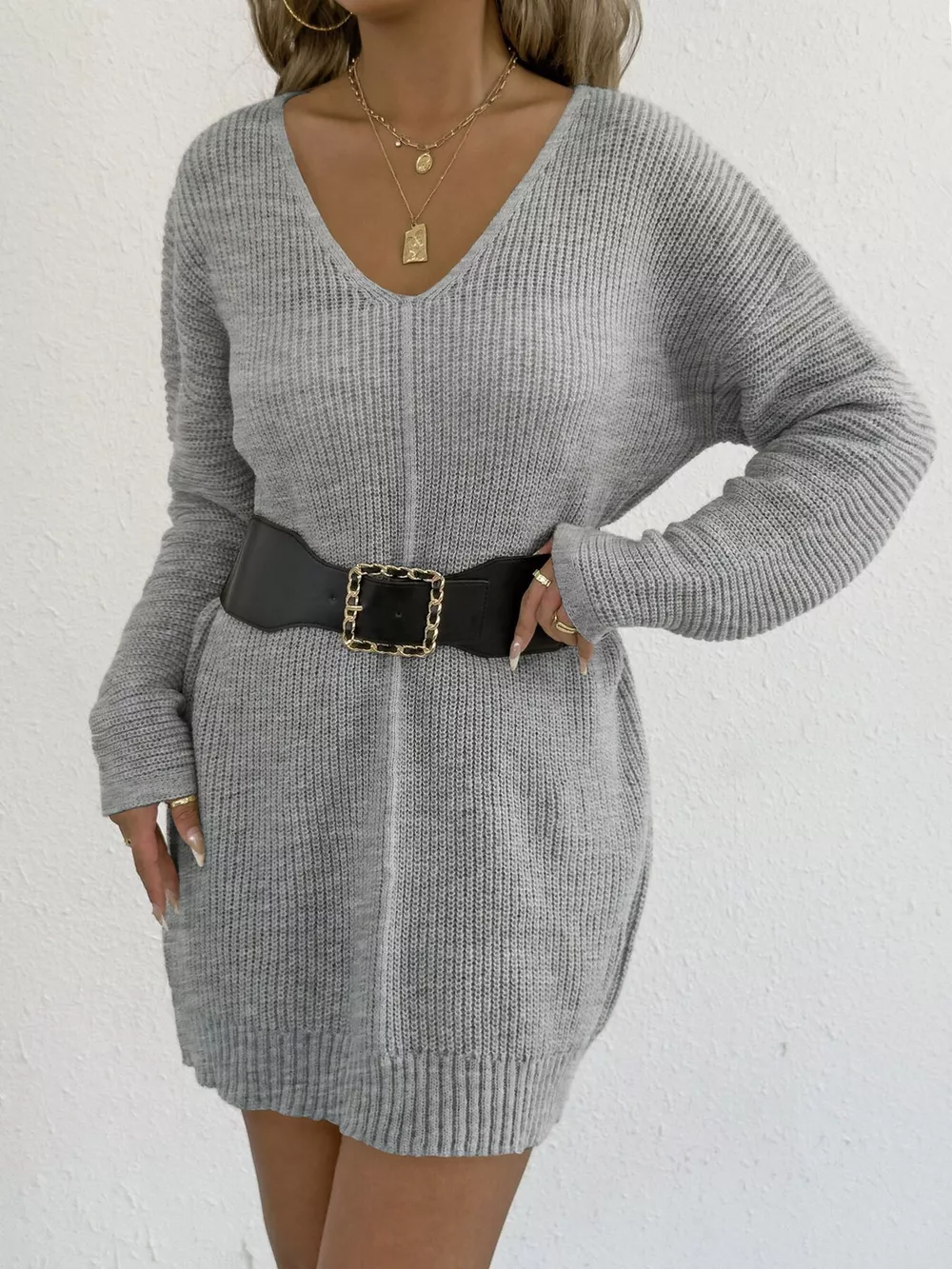 V-Neck Ribbed Knit Sweater Dress, image 4