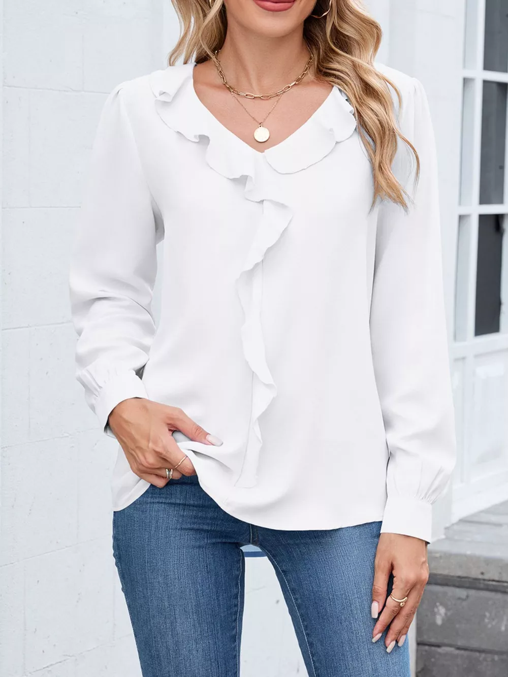 Ruffled V-Neck Long Sleeve Blouse, image 19