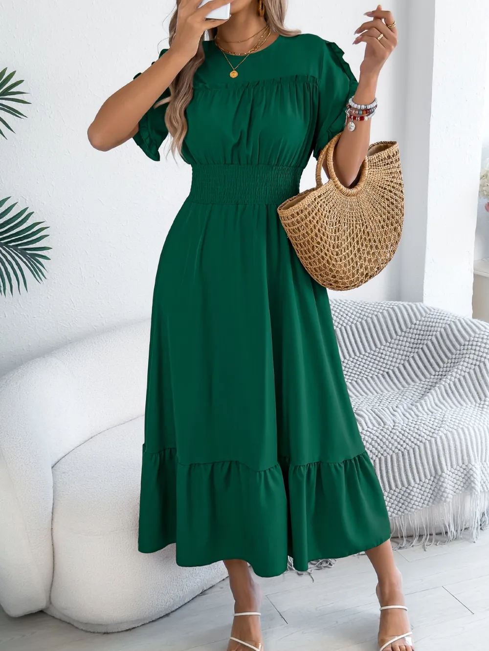 Smocked Frill Round Neck Midi Dress, image 15