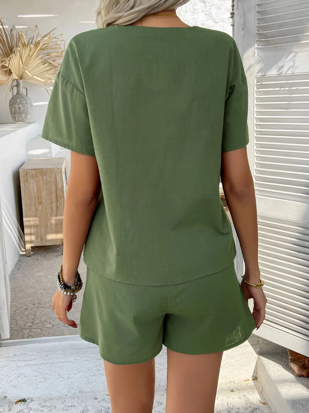 Tied V-Neck Short Sleeve Top and Shorts Set, image 7