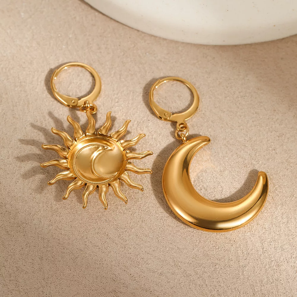 18K Gold-Plated Asymmetrical Sun & Moon Earrings, image 4