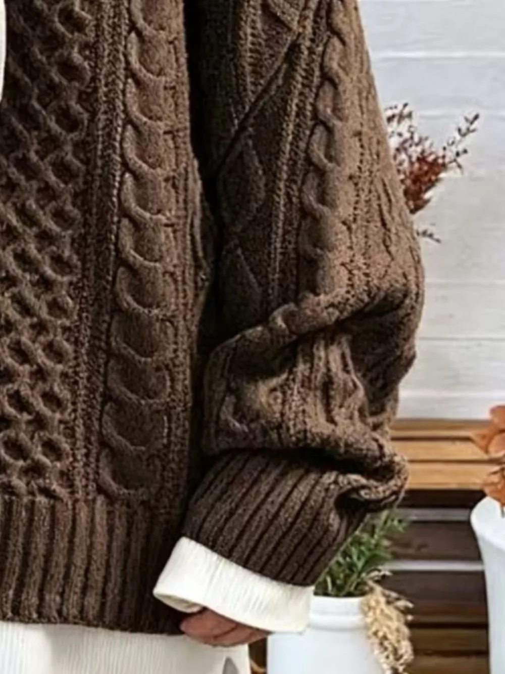 Full Size Cable Knit Dropped Shoulder Sweater Plus Size, image 2
