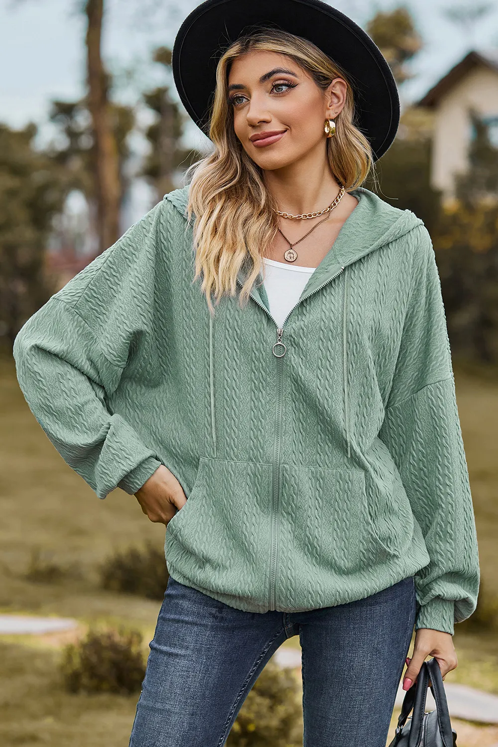 Drawstring Zip Up Dropped Shoulder Hoodie, image 27