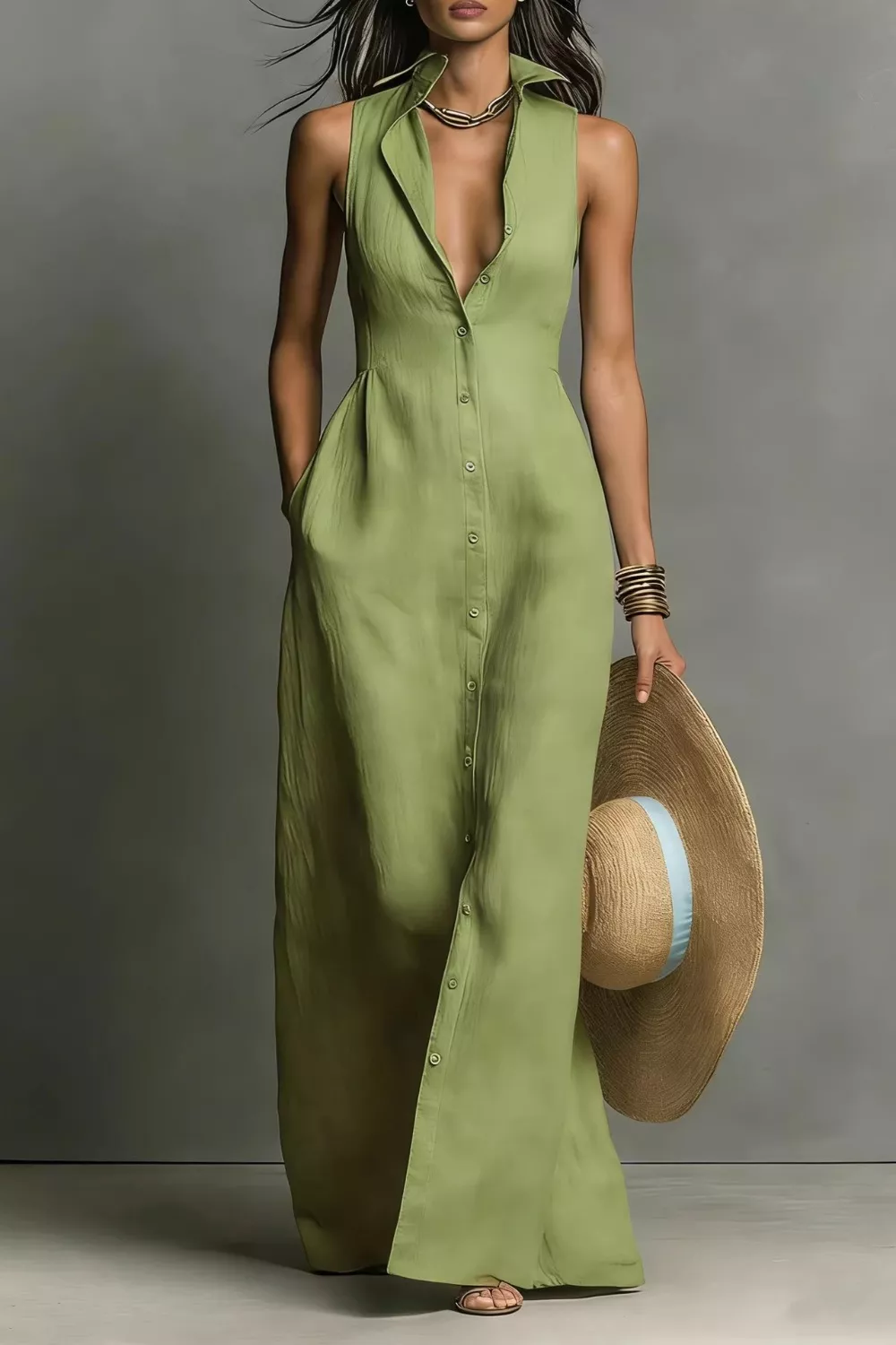 Sleeveless Button-Down Maxi Dress, image 10