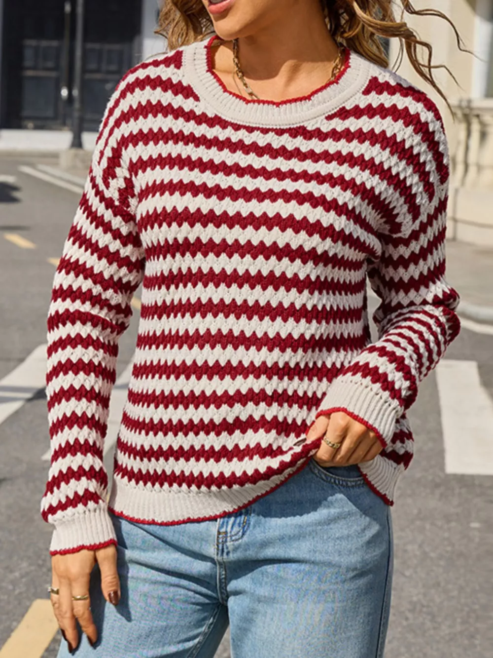 Striped Zigzag Knit Round Neck Sweater, image 6