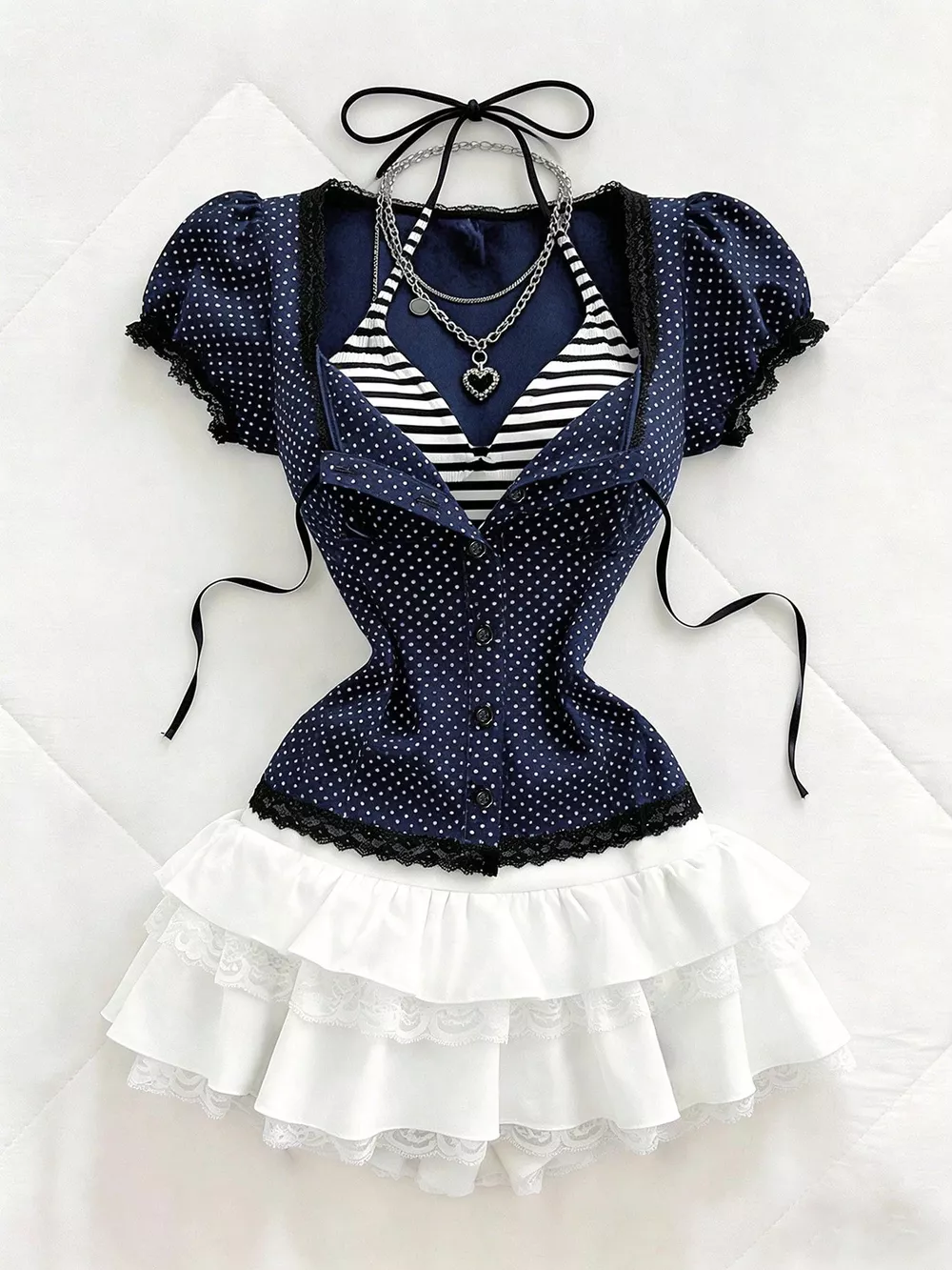 Polka Dot Lace Trim Puff Sleeve Top, image 7
