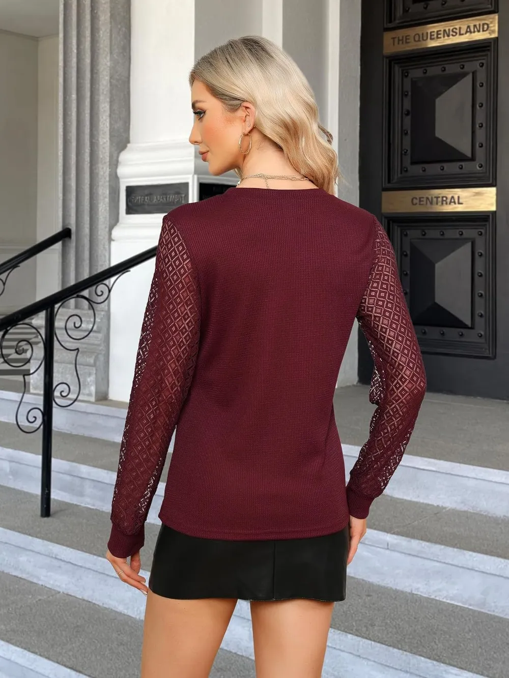 Waffle-Knit Round Neck Long Sleeve Blouse, image 6