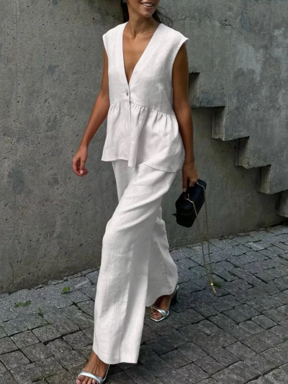 One Button Sleeveless Top and Wide-Leg Pants Set, image 10