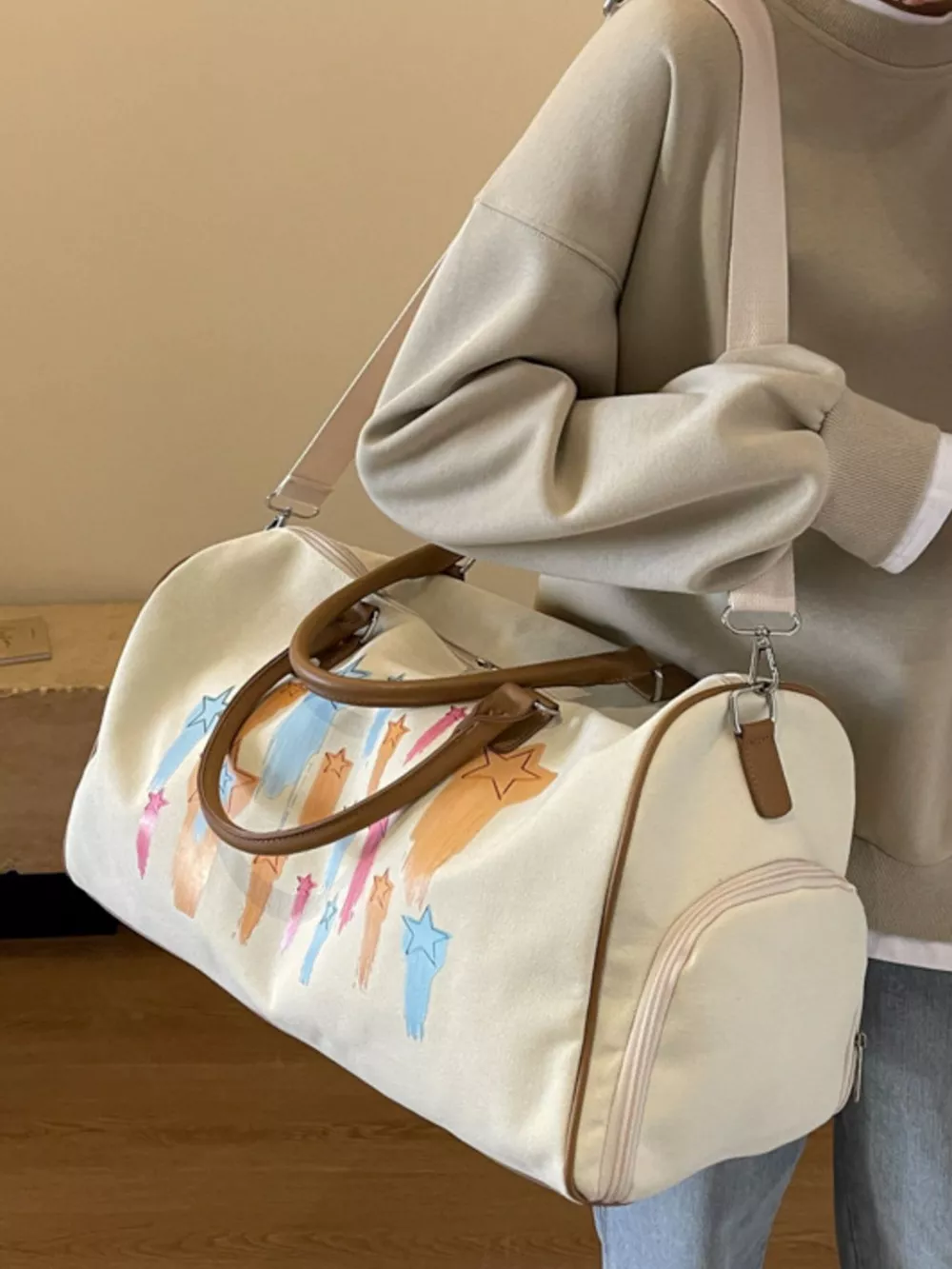 Canvas Duffle Bag with Shooting Star Print, image 7