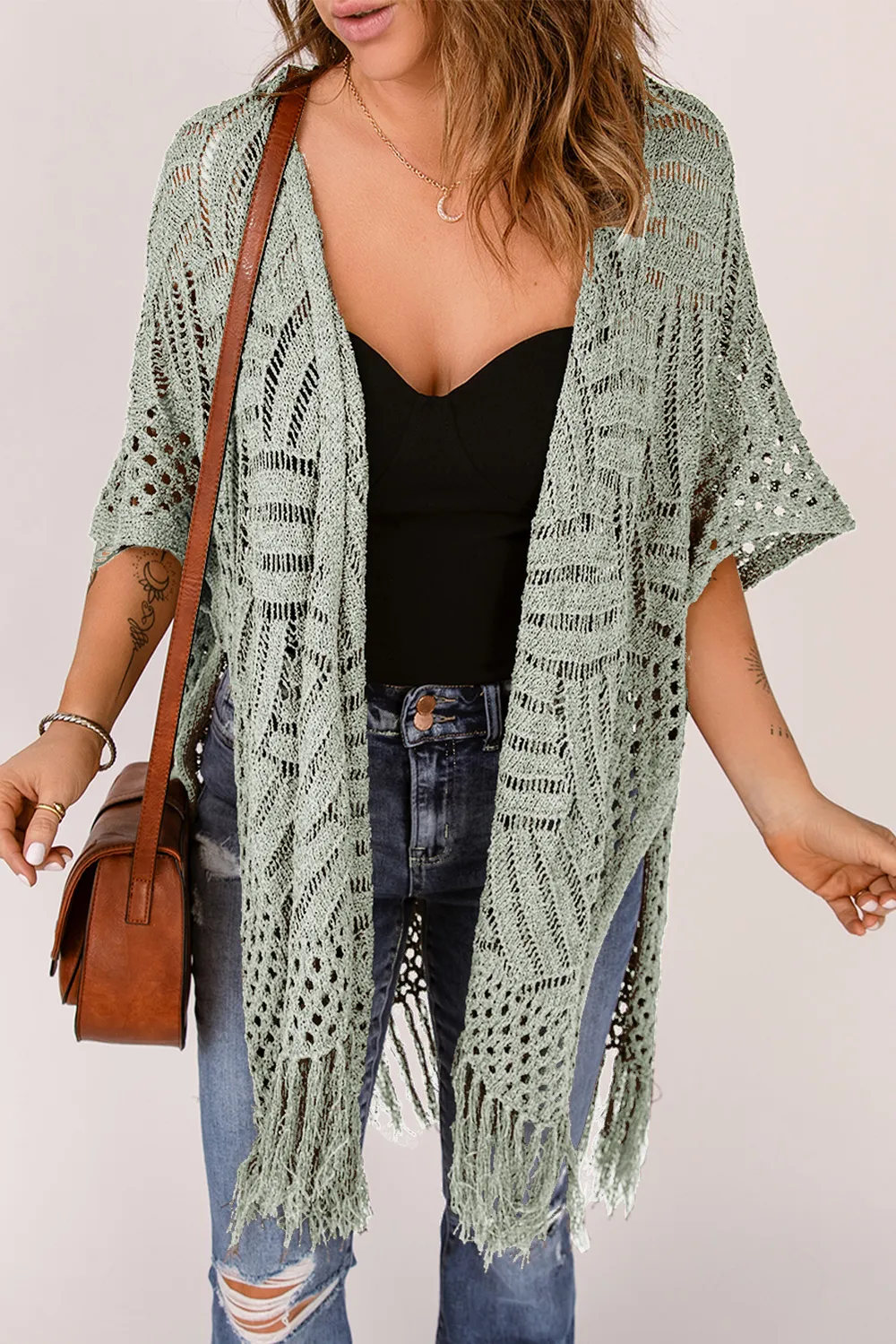 Openwork Open Front Cardigan with Fringes, image 28