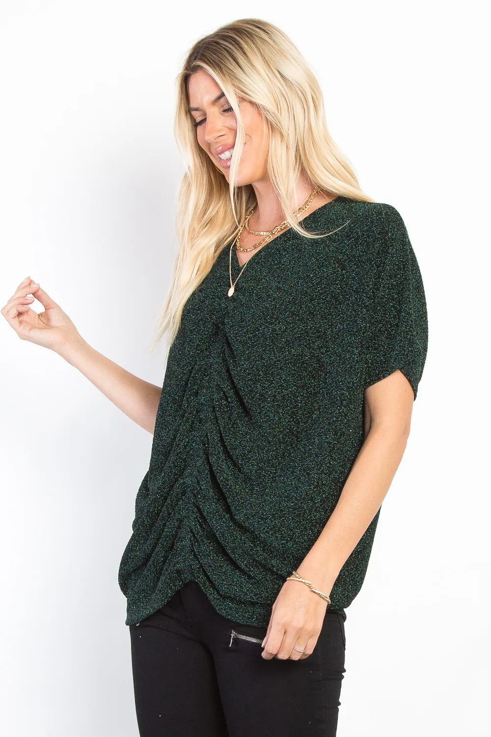 Full Size Lurex Center Elastic Cinched Knit Top, image 3